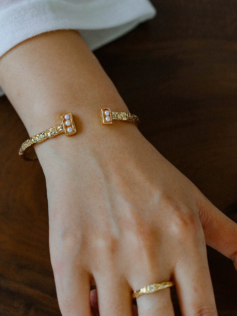 Vintage Crinkled Tin Foil Textured Pearl Open Cuff Bracelets - floysun