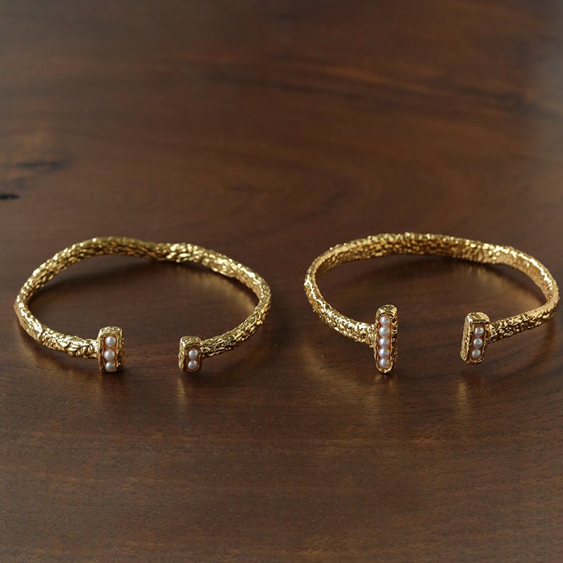 Vintage Crinkled Tin Foil Textured Pearl Open Cuff Bracelets - floysun