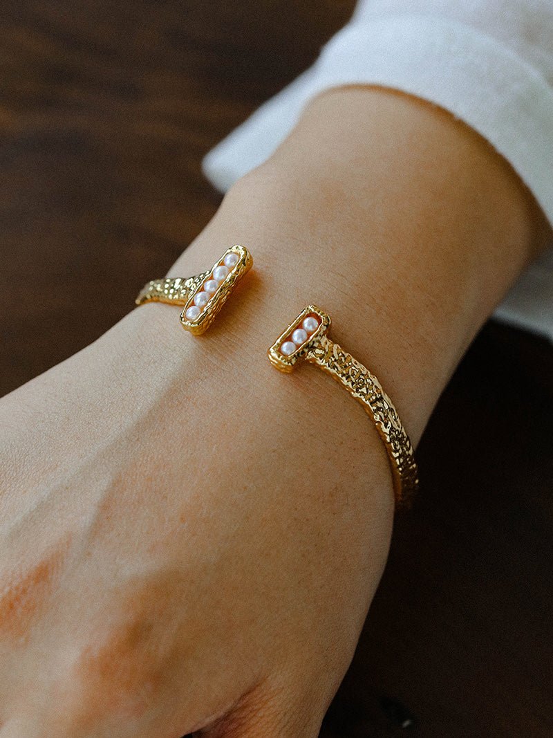 Vintage Crinkled Tin Foil Textured Pearl Open Cuff Bracelets - floysun