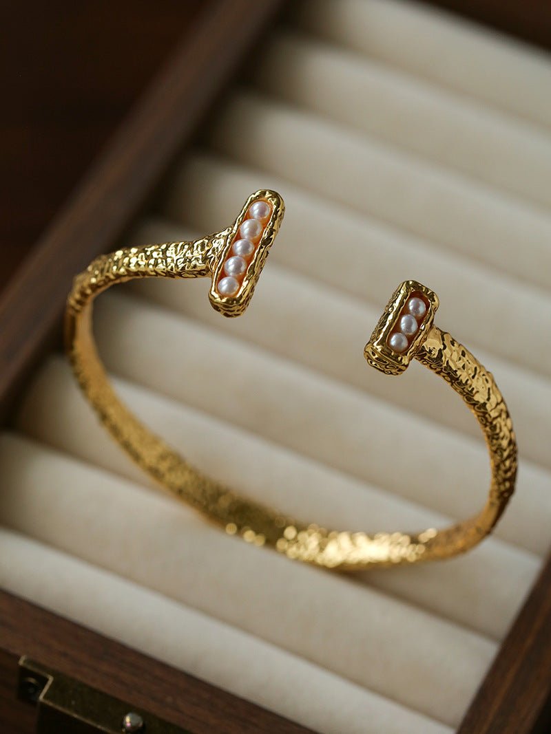 Vintage Crinkled Tin Foil Textured Pearl Open Cuff Bracelets - floysun