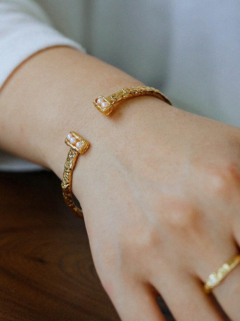 Vintage Crinkled Tin Foil Textured Pearl Open Cuff Bracelets - floysun