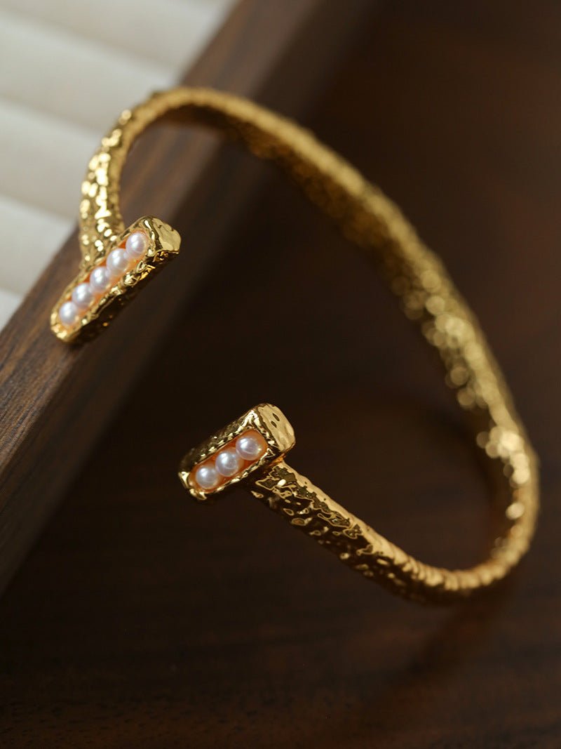 Vintage Crinkled Tin Foil Textured Pearl Open Cuff Bracelets - floysun
