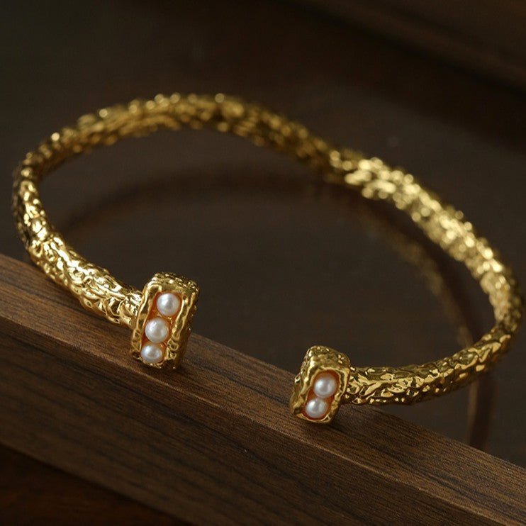 Vintage Crinkled Tin Foil Textured Pearl Open Cuff Bracelets - floysun