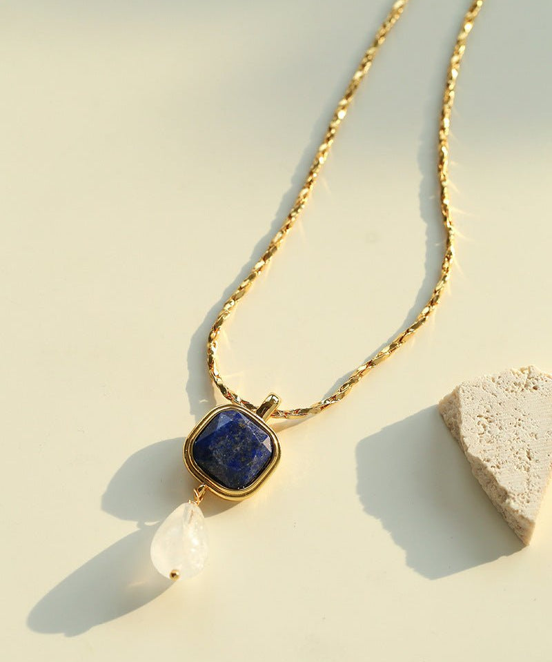 Vintage Crystal Teardrop & Agate Square Pendant Necklace - floysun