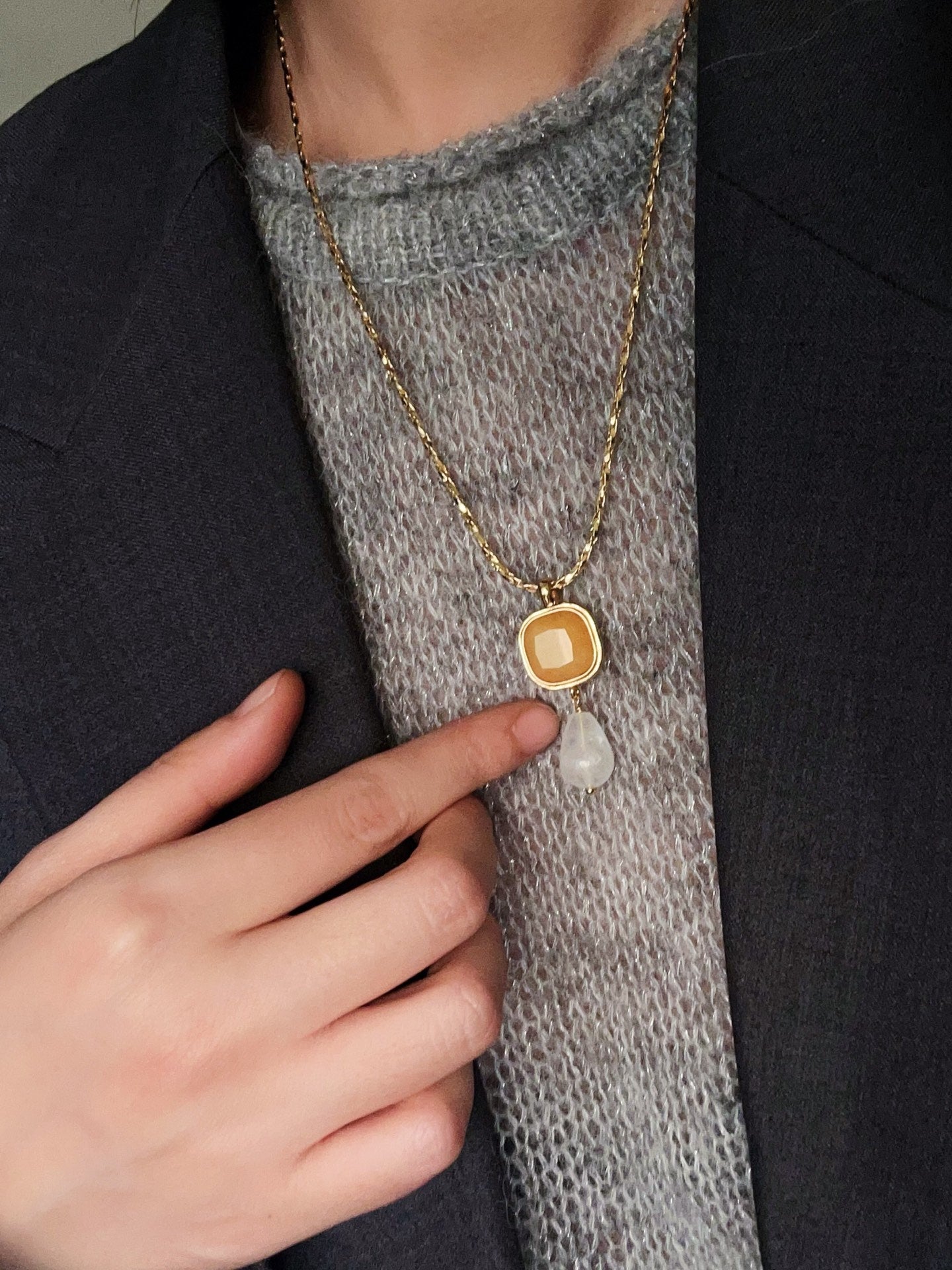 Vintage Crystal Teardrop & Agate Square Pendant Necklace - floysun