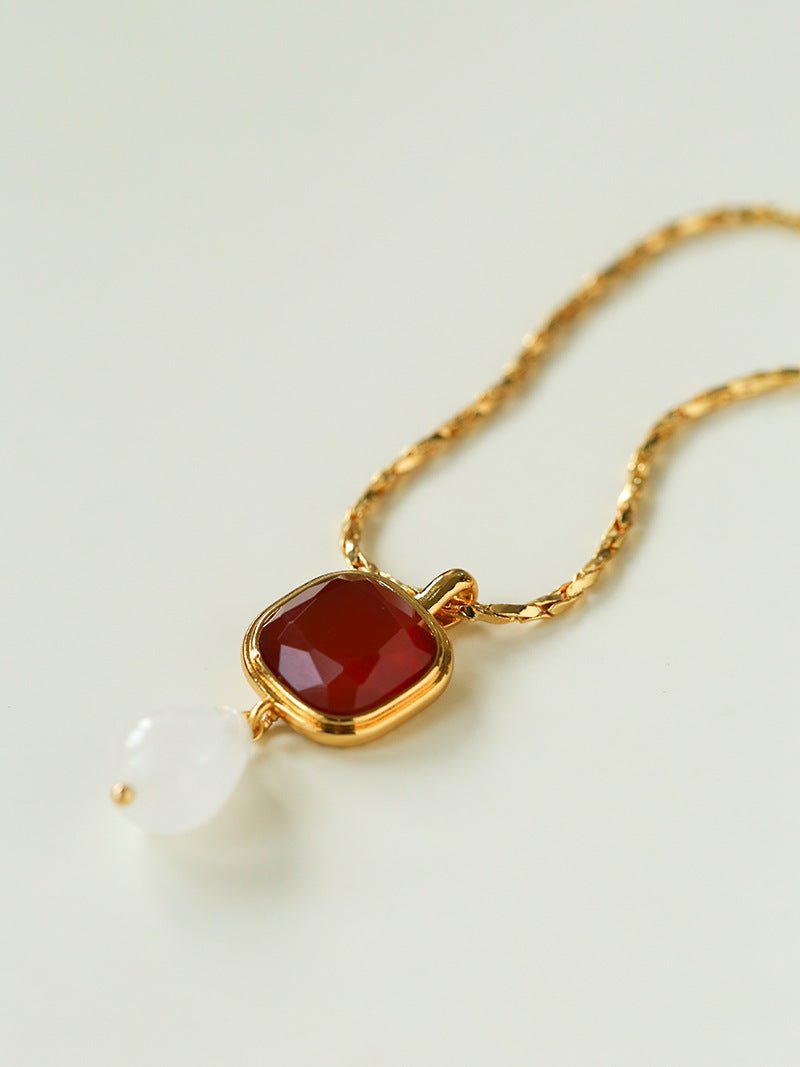 Vintage Crystal Teardrop & Agate Square Pendant Necklace - floysun
