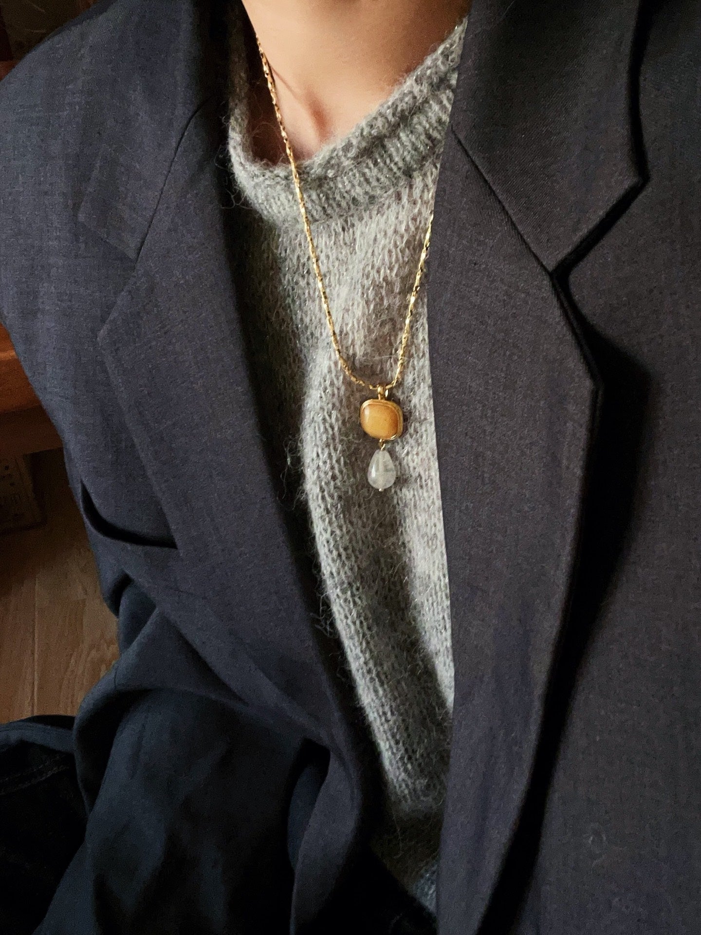 Vintage Crystal Teardrop & Agate Square Pendant Necklace - floysun