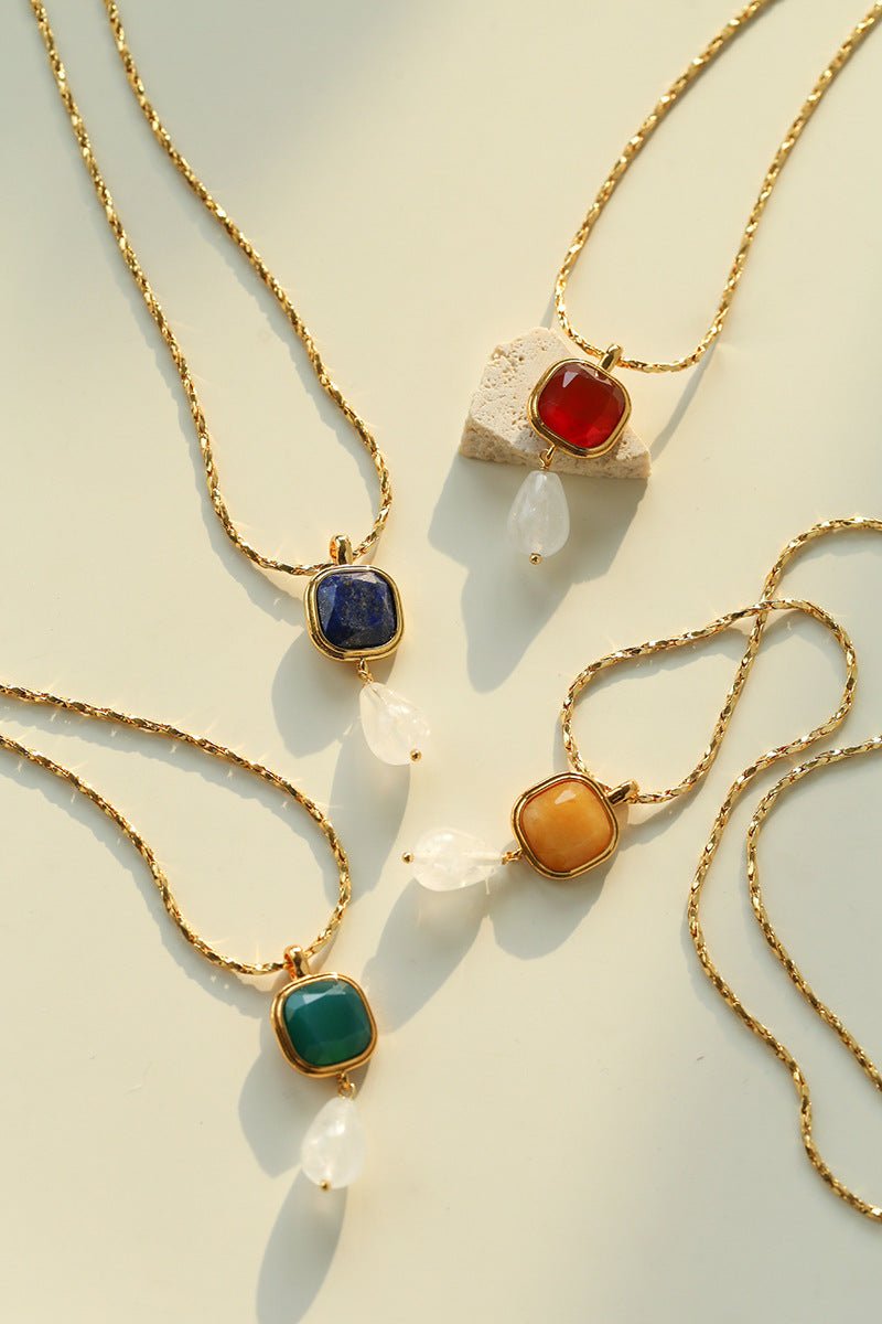 Vintage Crystal Teardrop & Agate Square Pendant Necklace - floysun