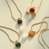 Vintage Crystal Teardrop & Agate Square Pendant Necklace - floysun