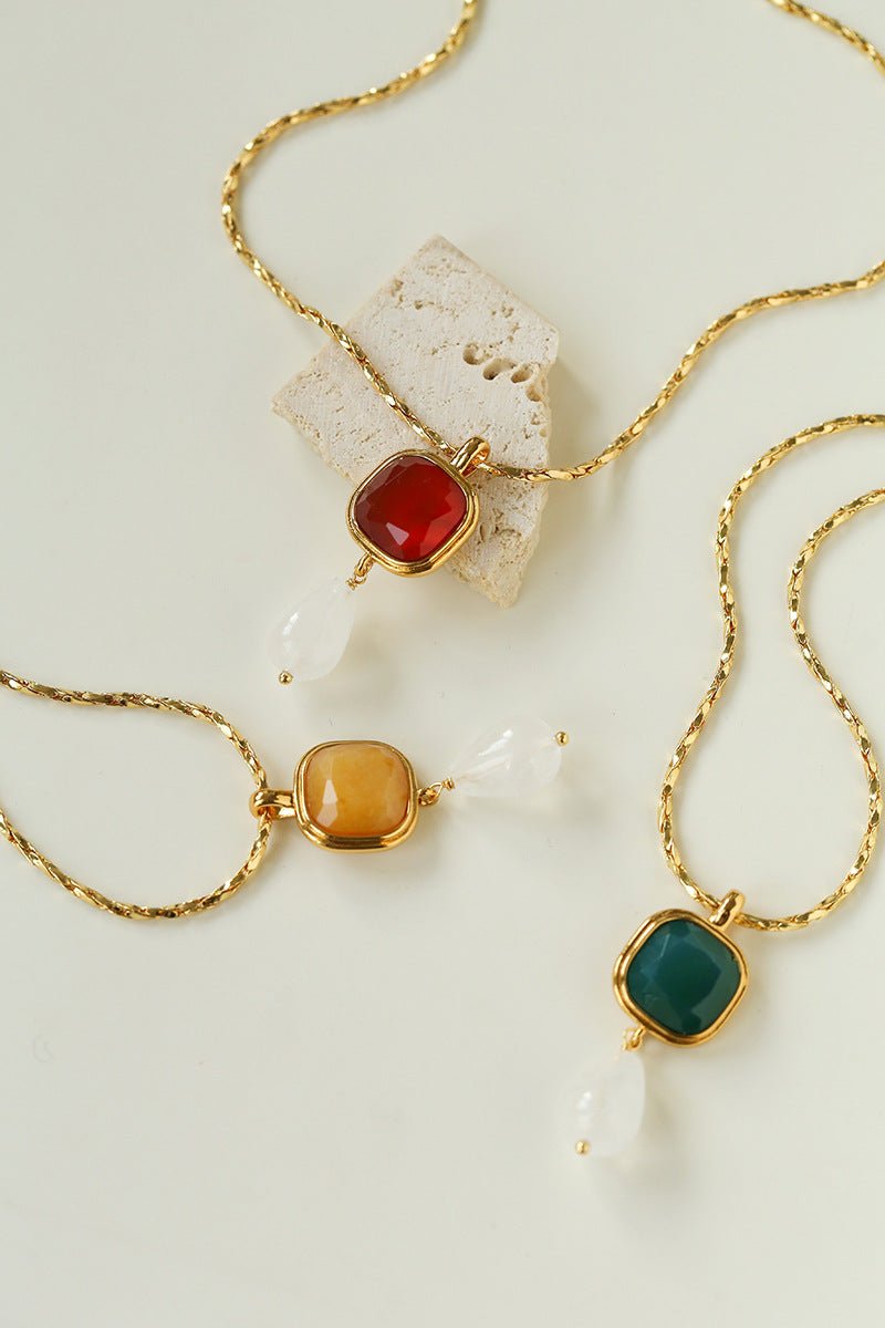 Vintage Crystal Teardrop & Agate Square Pendant Necklace - floysun
