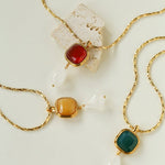 Vintage Crystal Teardrop & Agate Square Pendant Necklace - floysun