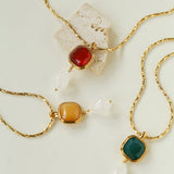 Vintage Crystal Teardrop & Agate Square Pendant Necklace - floysun