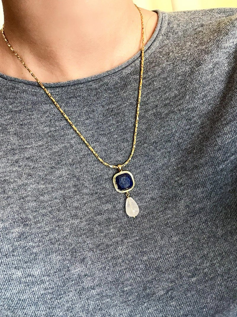 Vintage Crystal Teardrop & Agate Square Pendant Necklace - floysun