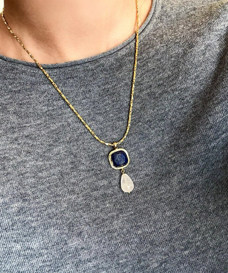 Vintage Crystal Teardrop & Agate Square Pendant Necklace - floysun