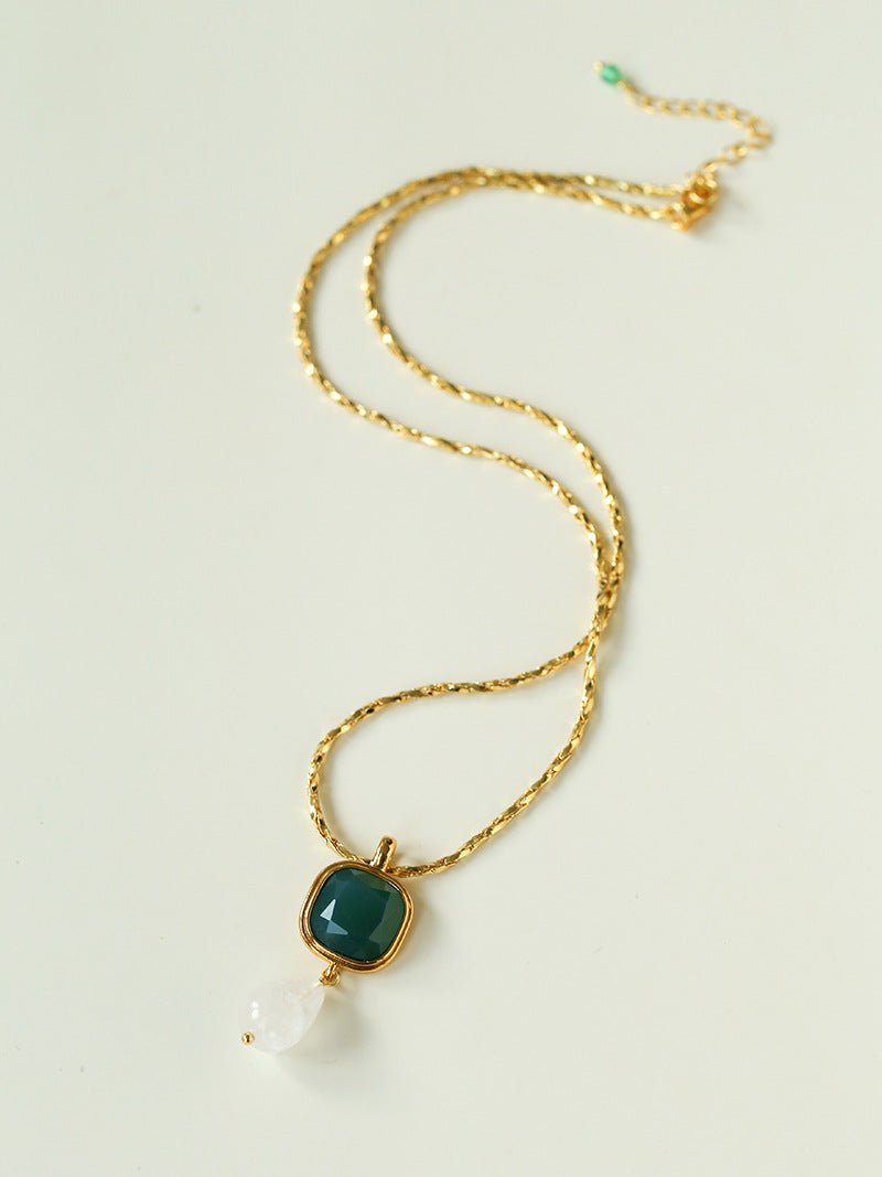 Vintage Crystal Teardrop & Agate Square Pendant Necklace - floysun