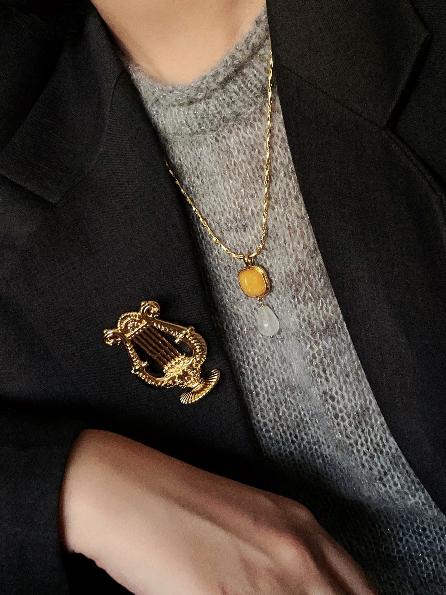 Vintage Crystal Teardrop & Agate Square Pendant Necklace - floysun