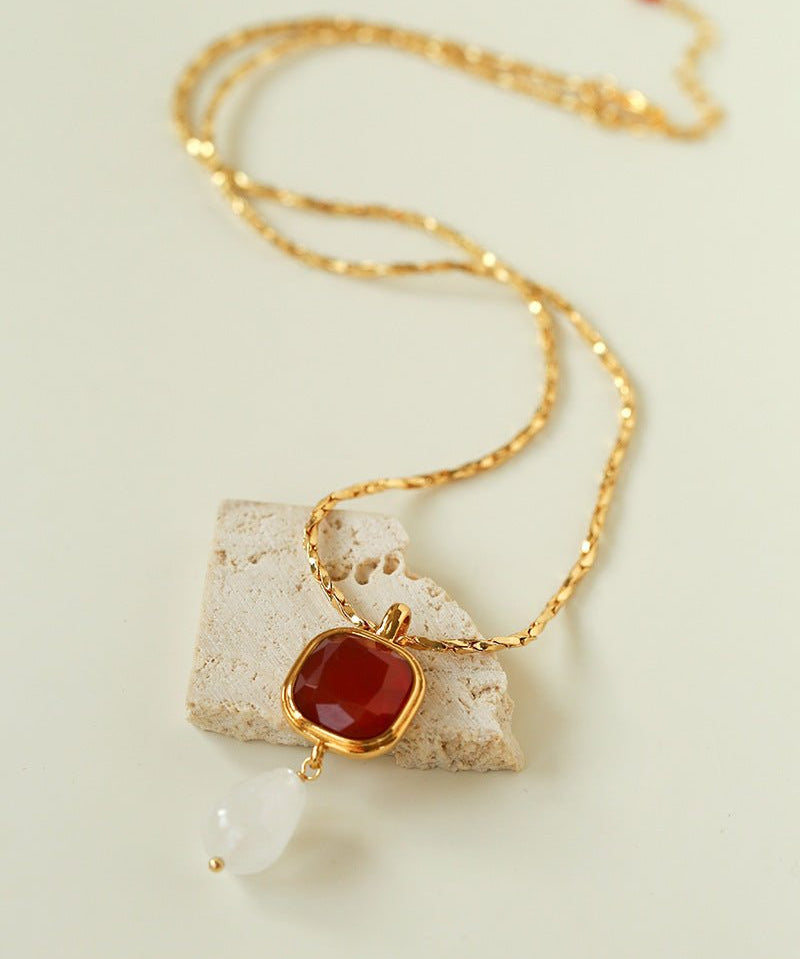 Vintage Crystal Teardrop & Agate Square Pendant Necklace - floysun
