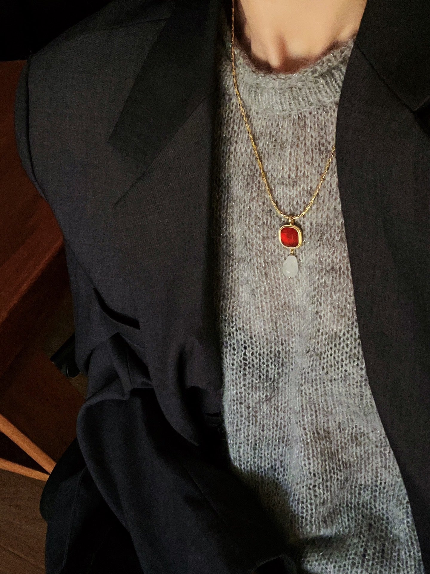 Vintage Crystal Teardrop & Agate Square Pendant Necklace - floysun