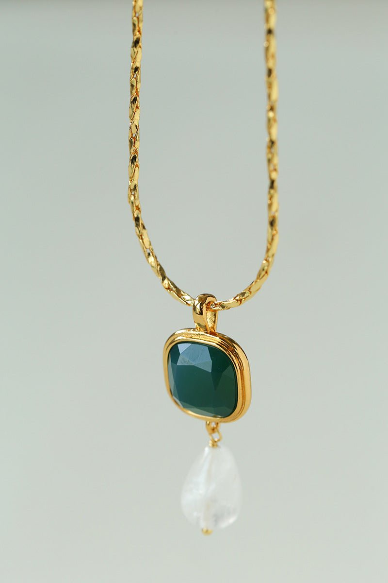 Vintage Crystal Teardrop & Agate Square Pendant Necklace - floysun