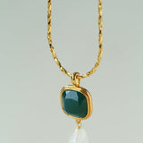 Vintage Crystal Teardrop & Agate Square Pendant Necklace - floysun