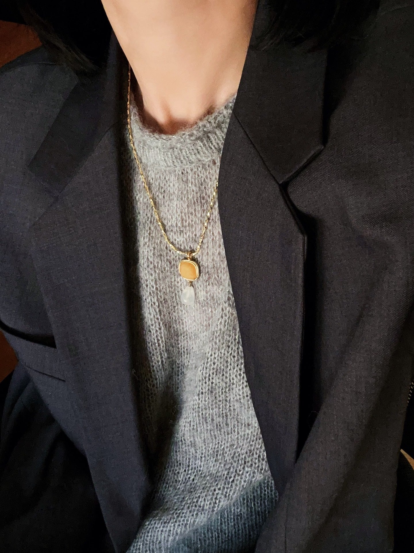 Vintage Crystal Teardrop & Agate Square Pendant Necklace - floysun