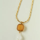 Vintage Crystal Teardrop & Agate Square Pendant Necklace - floysun