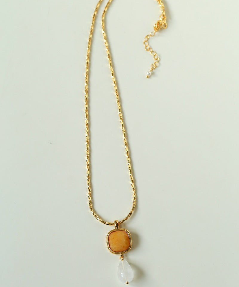 Vintage Crystal Teardrop & Agate Square Pendant Necklace - floysun