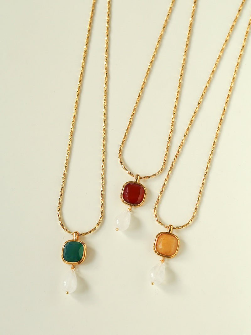 Vintage Crystal Teardrop & Agate Square Pendant Necklace - floysun