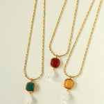 Vintage Crystal Teardrop & Agate Square Pendant Necklace - floysun