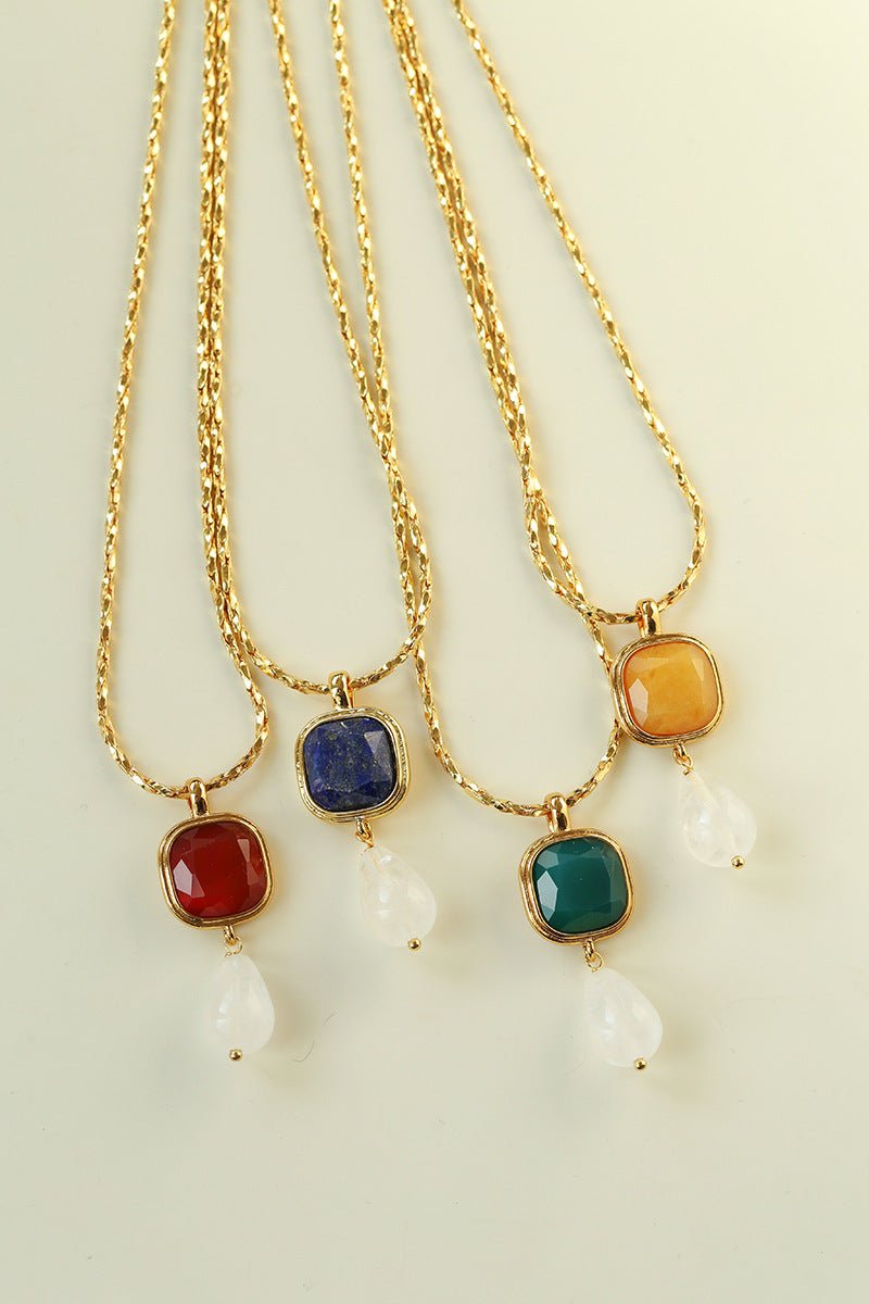 Vintage Crystal Teardrop & Agate Square Pendant Necklace - floysun