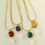 Vintage Crystal Teardrop & Agate Square Pendant Necklace - floysun