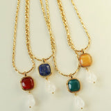 Vintage Crystal Teardrop & Agate Square Pendant Necklace - floysun