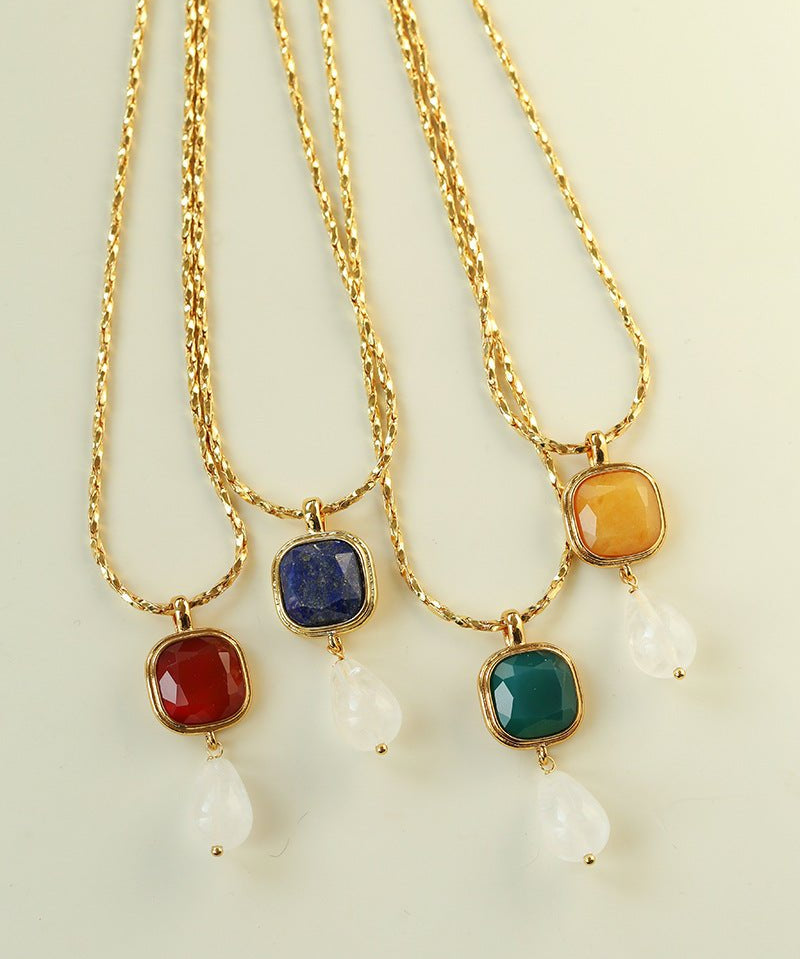 Vintage Crystal Teardrop & Agate Square Pendant Necklace - floysun