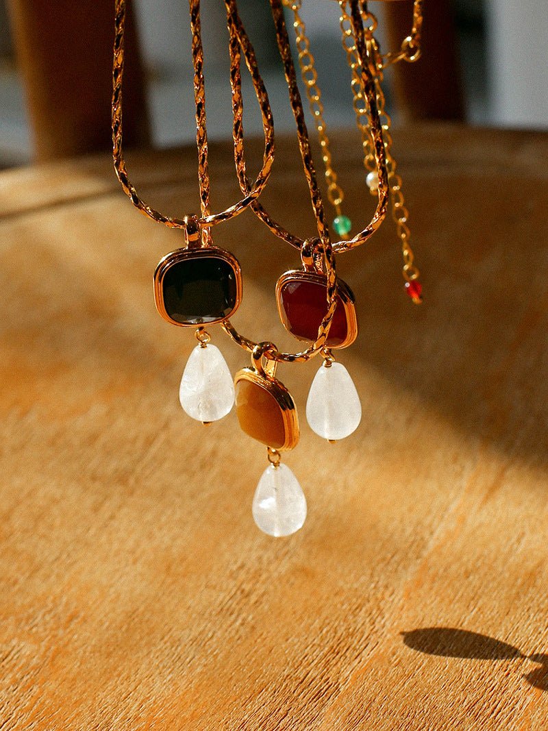 Vintage Crystal Teardrop & Agate Square Pendant Necklace - floysun