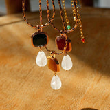 Vintage Crystal Teardrop & Agate Square Pendant Necklace - floysun
