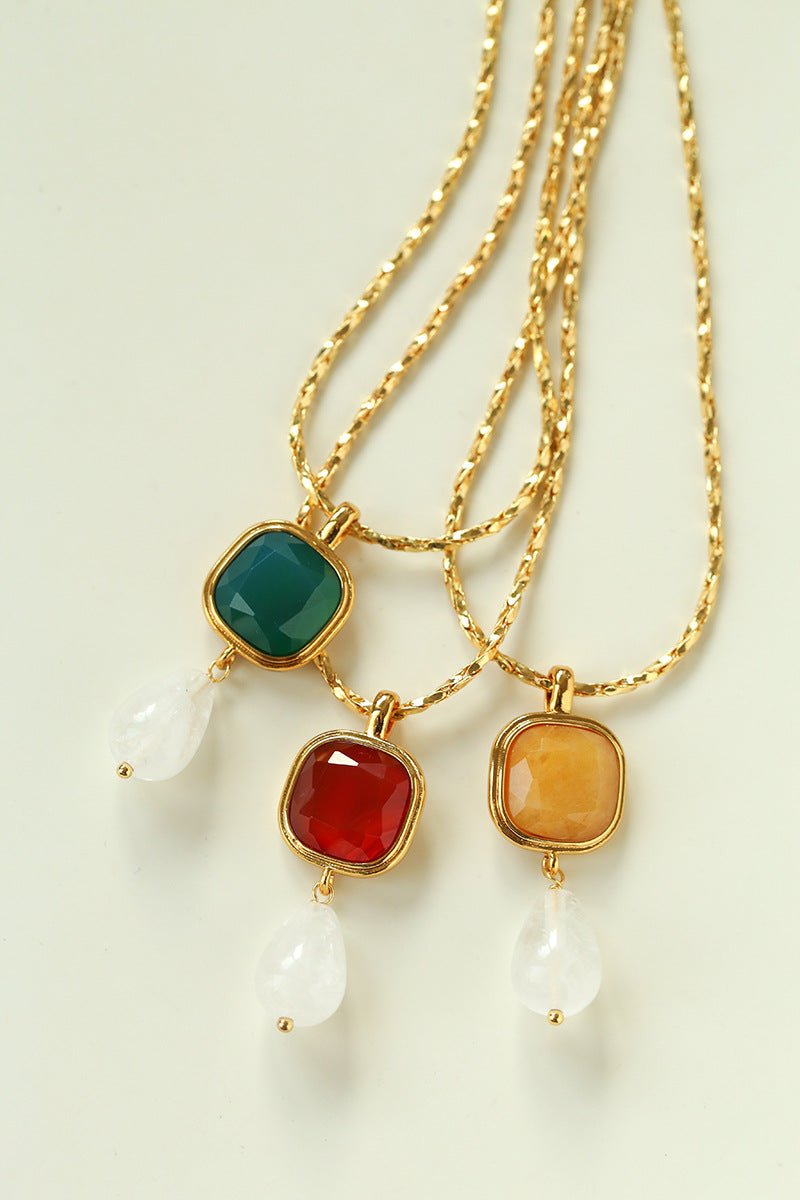 Vintage Crystal Teardrop & Agate Square Pendant Necklace - floysun