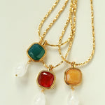 Vintage Crystal Teardrop & Agate Square Pendant Necklace - floysun