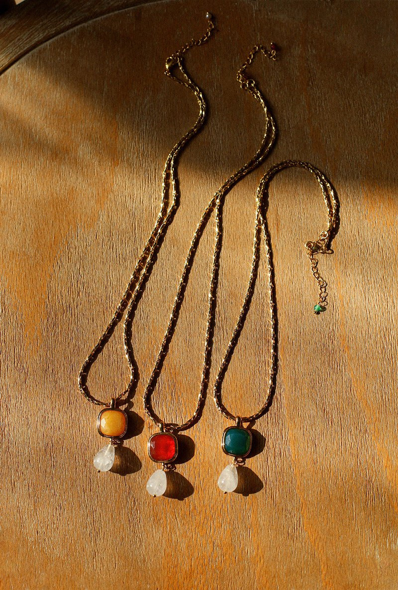 Vintage Crystal Teardrop & Agate Square Pendant Necklace - floysun