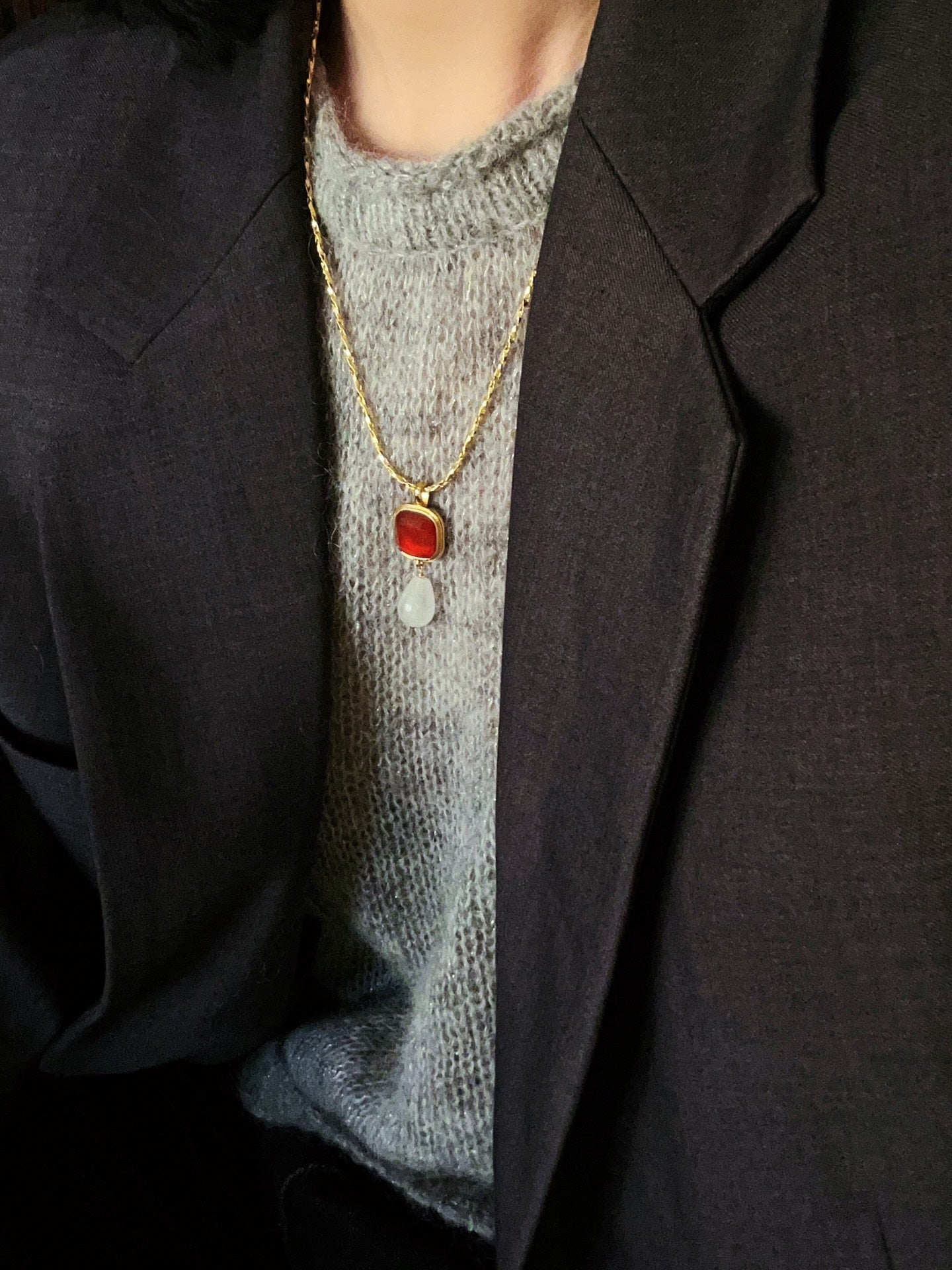 Vintage Crystal Teardrop & Agate Square Pendant Necklace - floysun