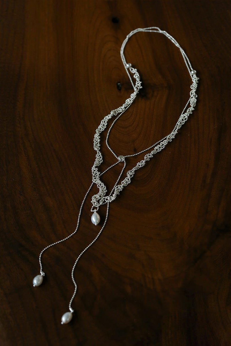 Vintage Elegant Lace Pull Adjustable Long Y-Drop Freshwater Pearl Necklace - floysun