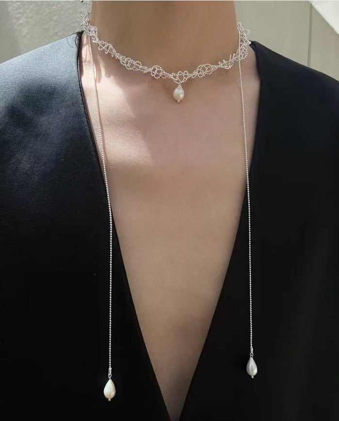 Vintage Elegant Lace Pull Adjustable Long Y-Drop Freshwater Pearl Necklace - floysun