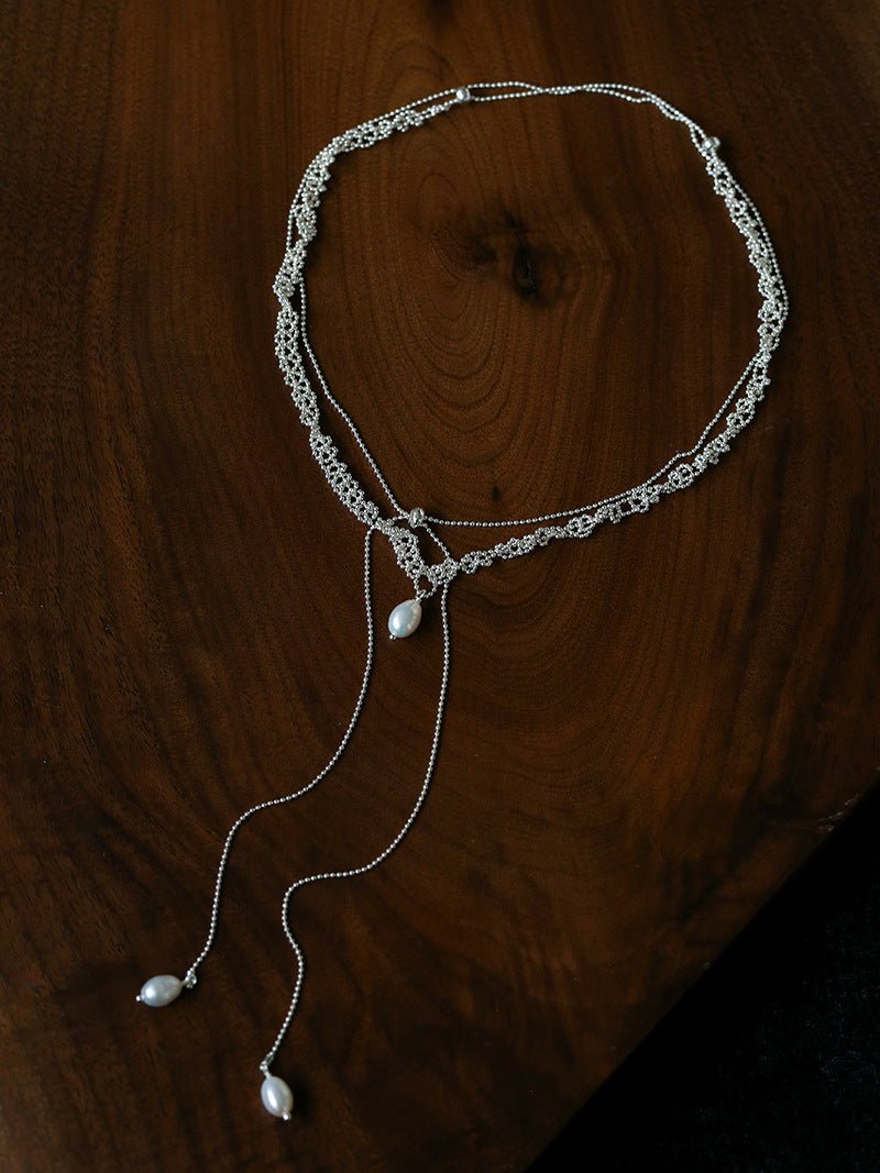 Vintage Elegant Lace Pull Adjustable Long Y-Drop Freshwater Pearl Necklace - floysun