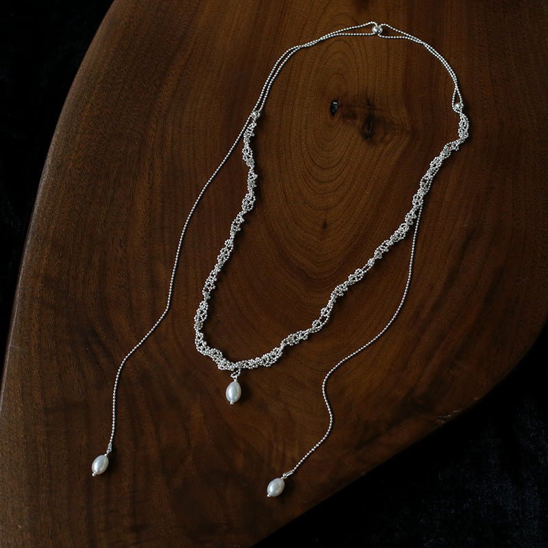 Vintage Elegant Lace Pull Adjustable Long Y-Drop Freshwater Pearl Necklace - floysun