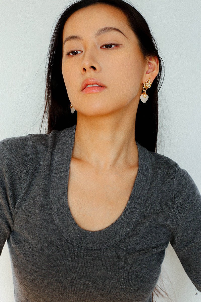 Vintage Flame & Natural Clear Quartz Heart Drop Earrings - floysun