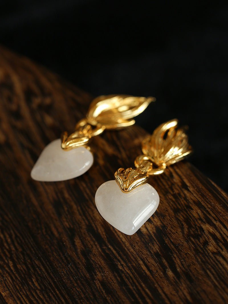 Vintage Flame & Natural Clear Quartz Heart Drop Earrings - floysun