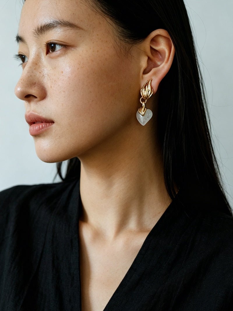Vintage Flame & Natural Clear Quartz Heart Drop Earrings - floysun