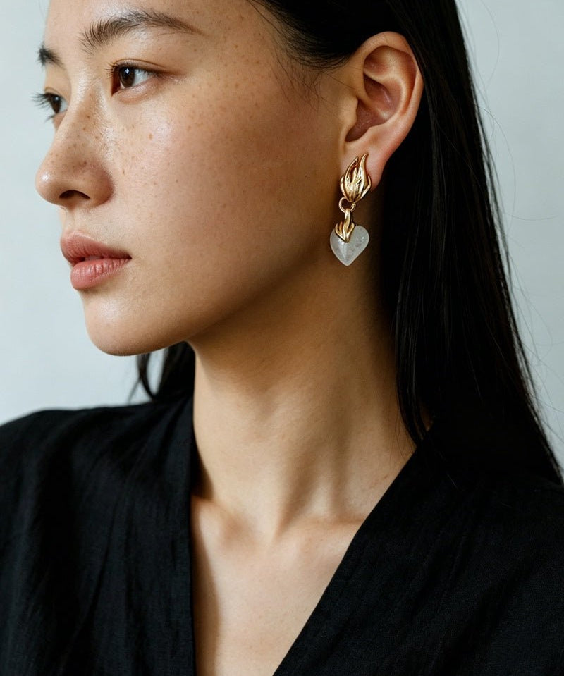 Vintage Flame & Natural Clear Quartz Heart Drop Earrings - floysun