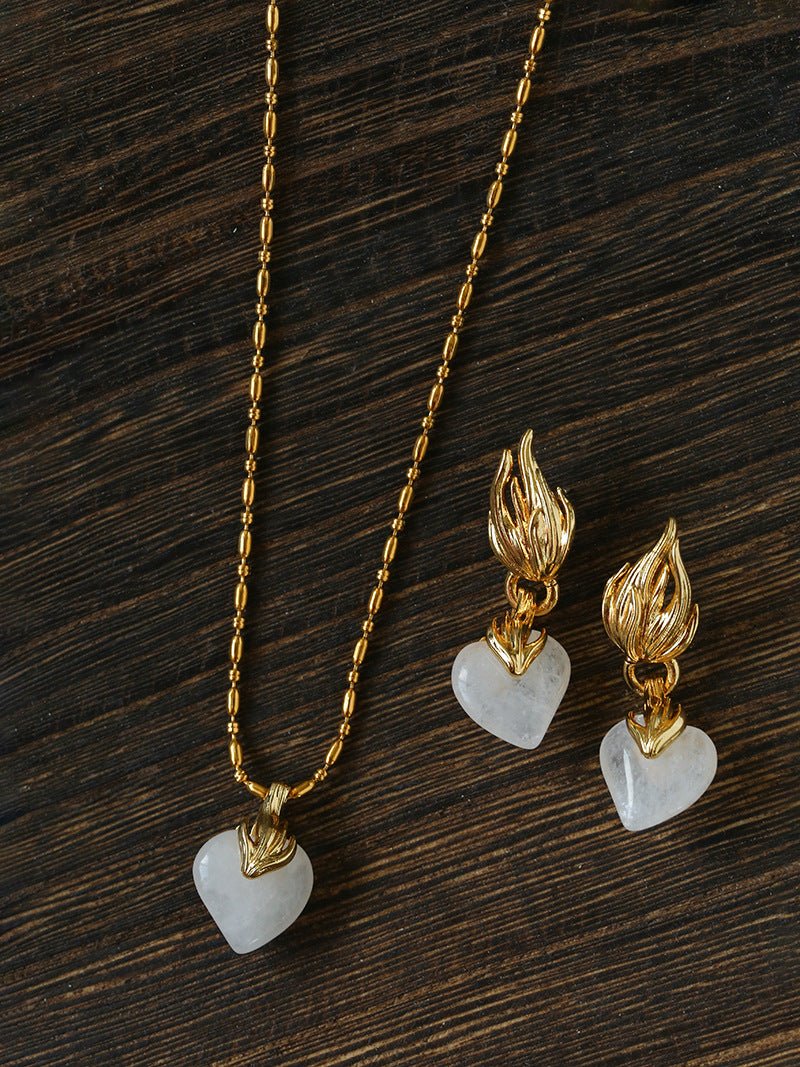 Vintage Flame & Natural Clear Quartz Heart Drop Earrings - floysun
