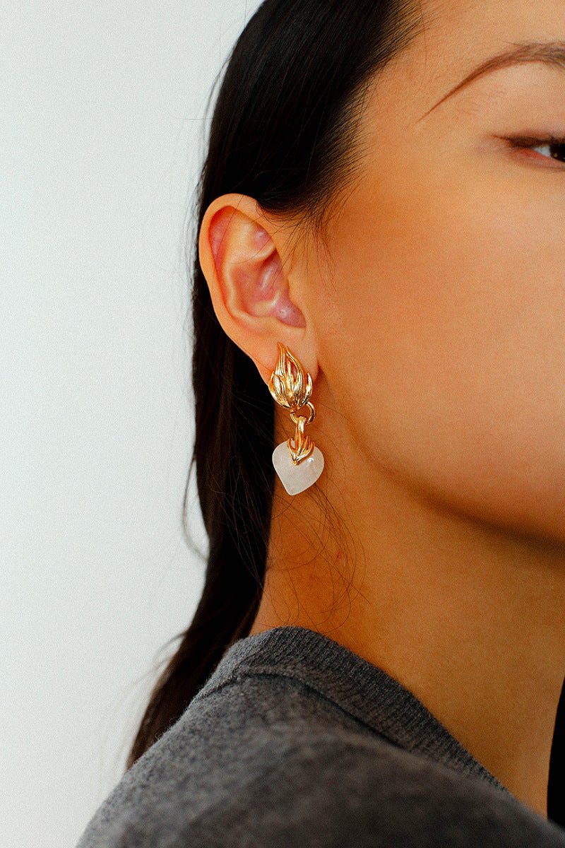 Vintage Flame & Natural Clear Quartz Heart Drop Earrings - floysun
