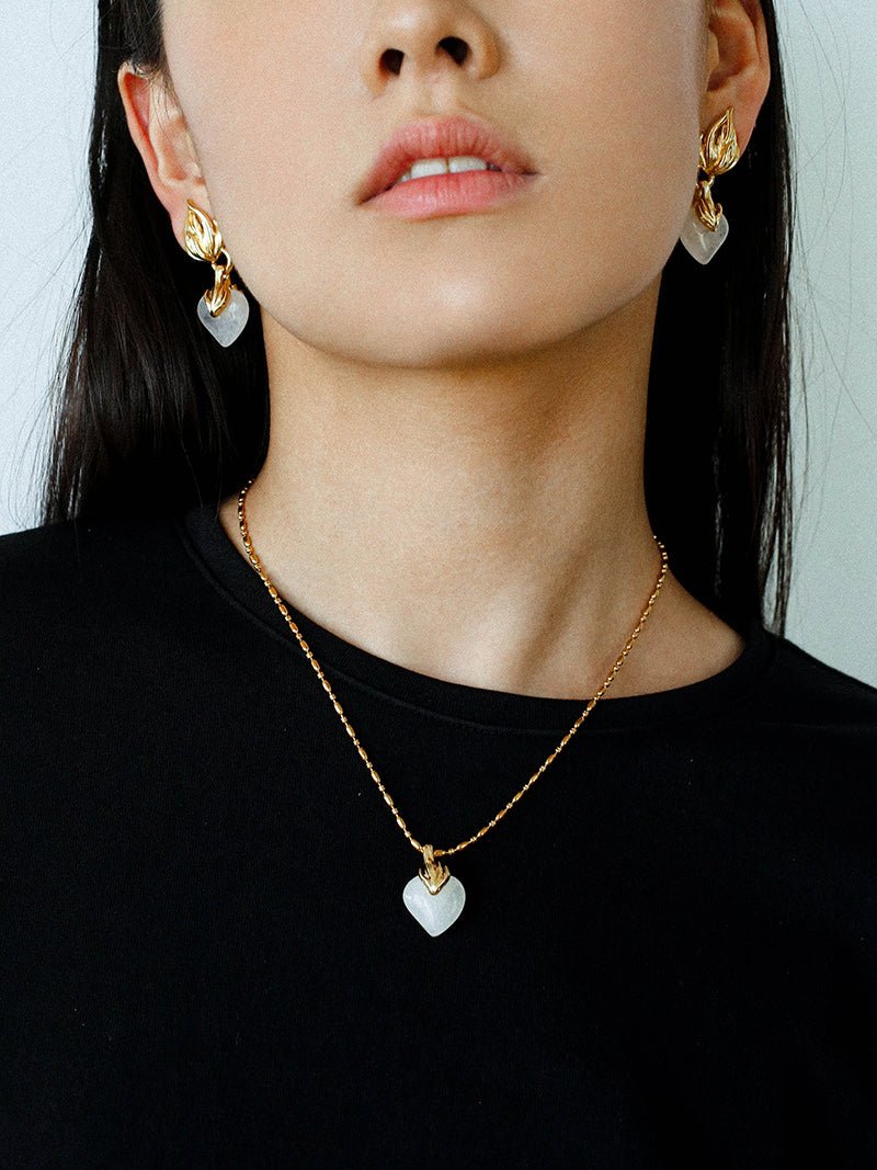 Vintage Flame & Natural Clear Quartz Heart Drop Earrings - floysun